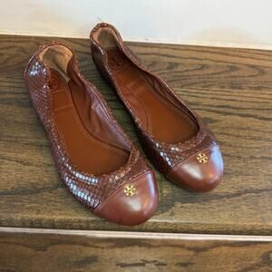 Tory Burch York Brown Leather Python Scale Cap Toe Ballet Flats Size 6 EUC